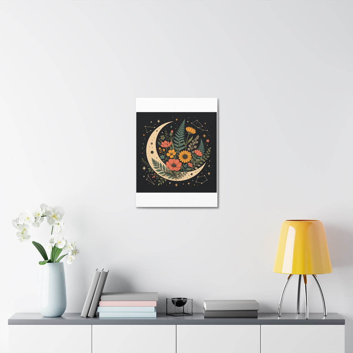 Celestial Wildflower Crescent Moon Botanical Canvas Art