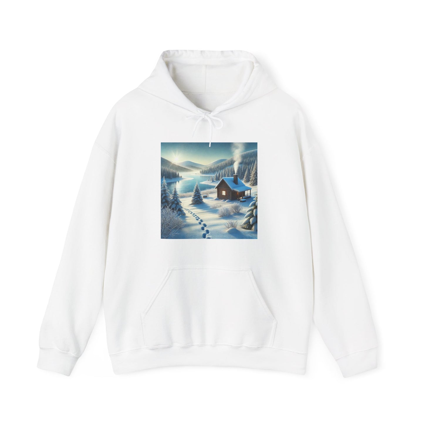 Snowy Cabin Winter Lake Landscape Art Hoodie