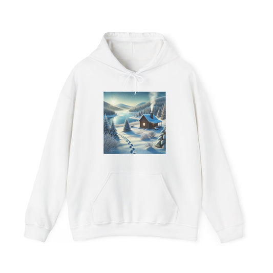 Snowy Cabin Winter Lake Landscape Art Hoodie
