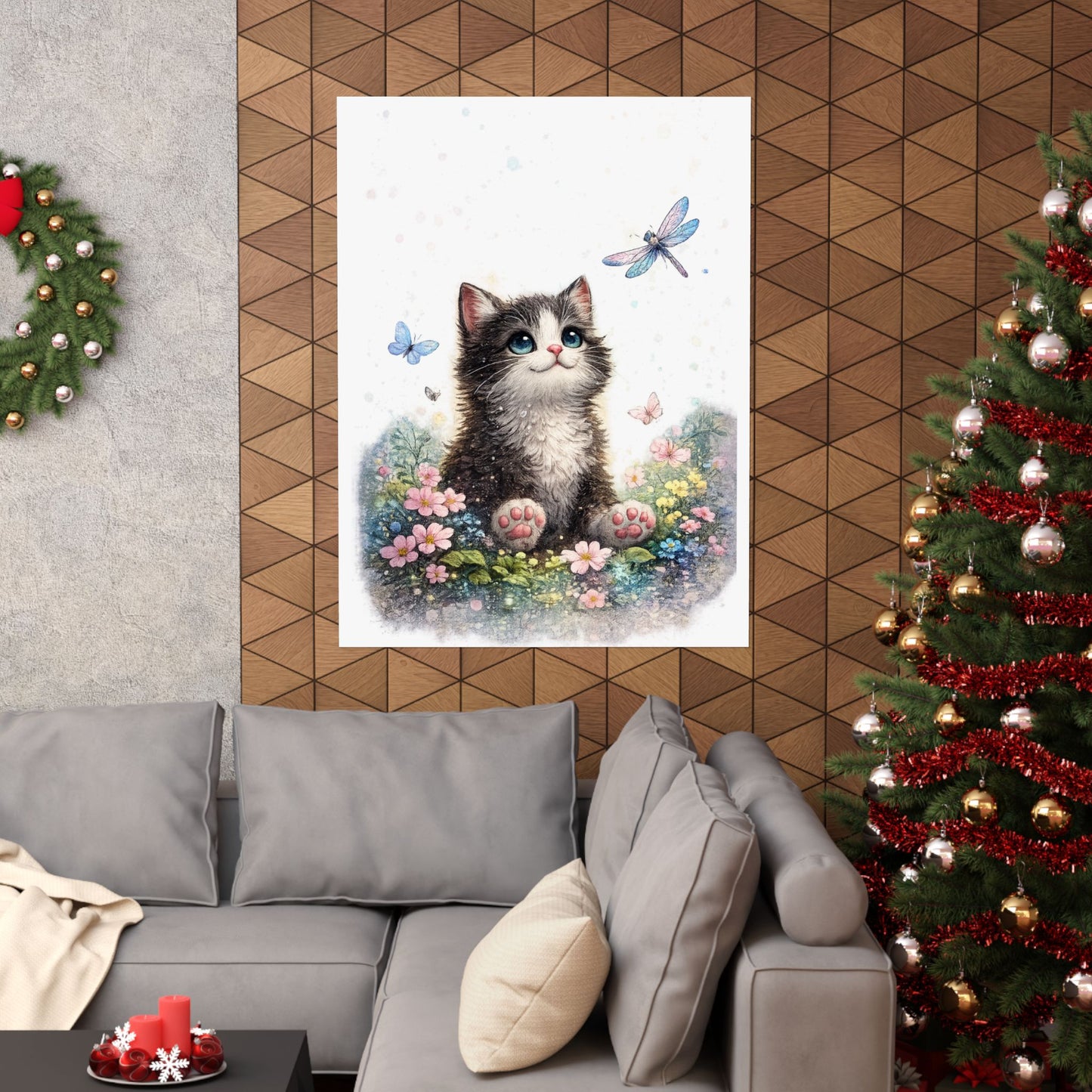 Whimsical Kitten Butterfly Garden Art Poster