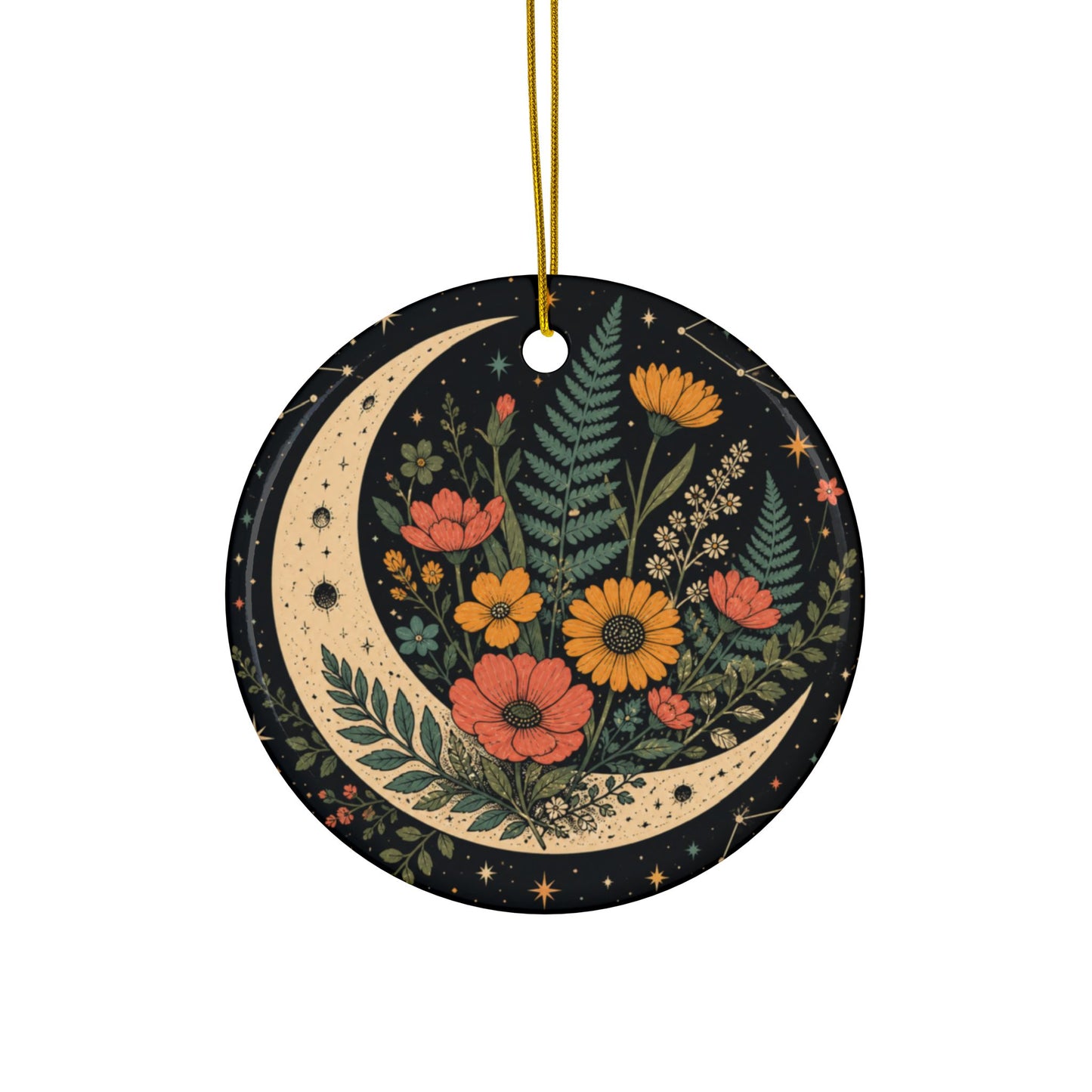 Celestial Wildflower Crescent Moon Botanical Art Ceramic Ornament, Holiday Keeps