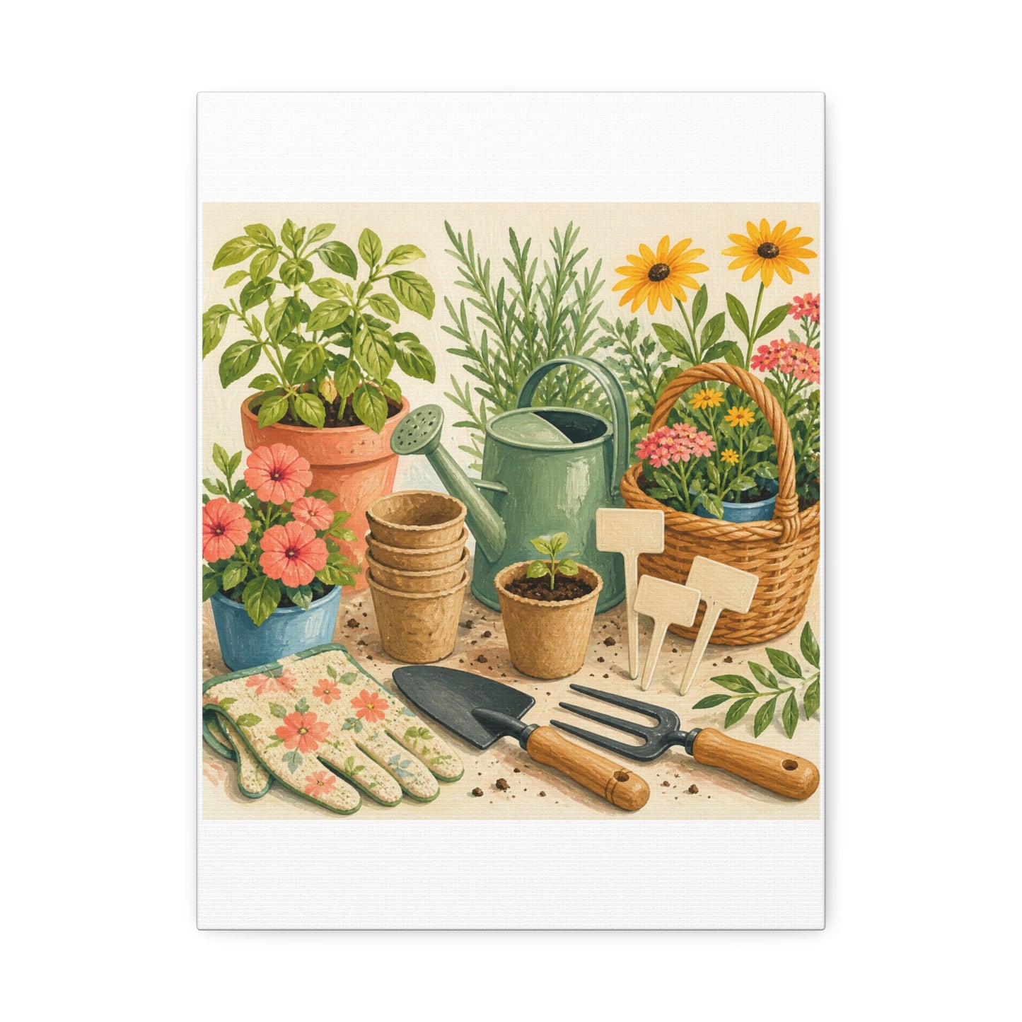 Colorful Gardening Tools and Flowers Canvas Art