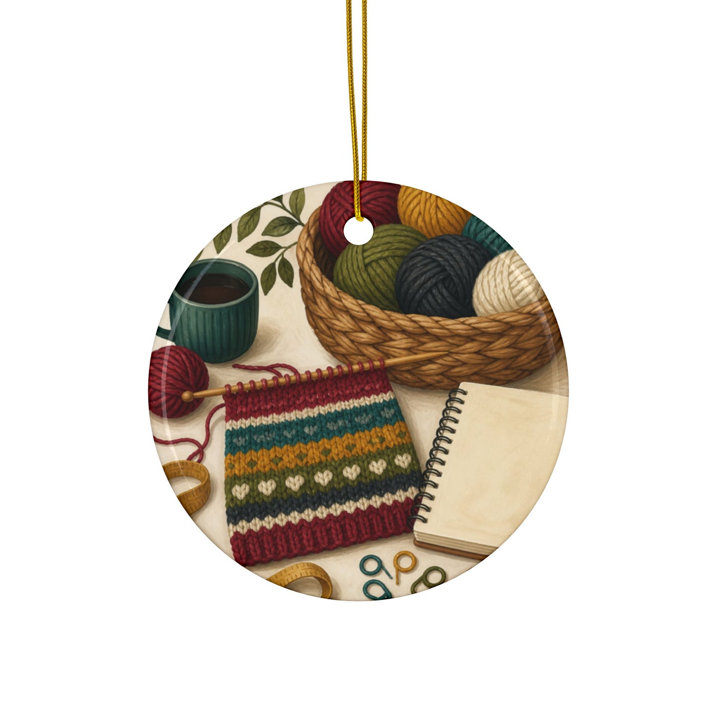 Cozy Knitting and Yarn Hobby Art Ceramic Ornament, Holiday Keepsake and Gift
