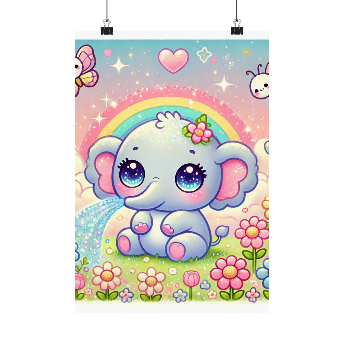 Pastel Rainbow Baby Elephant Floral Wall Art Poster