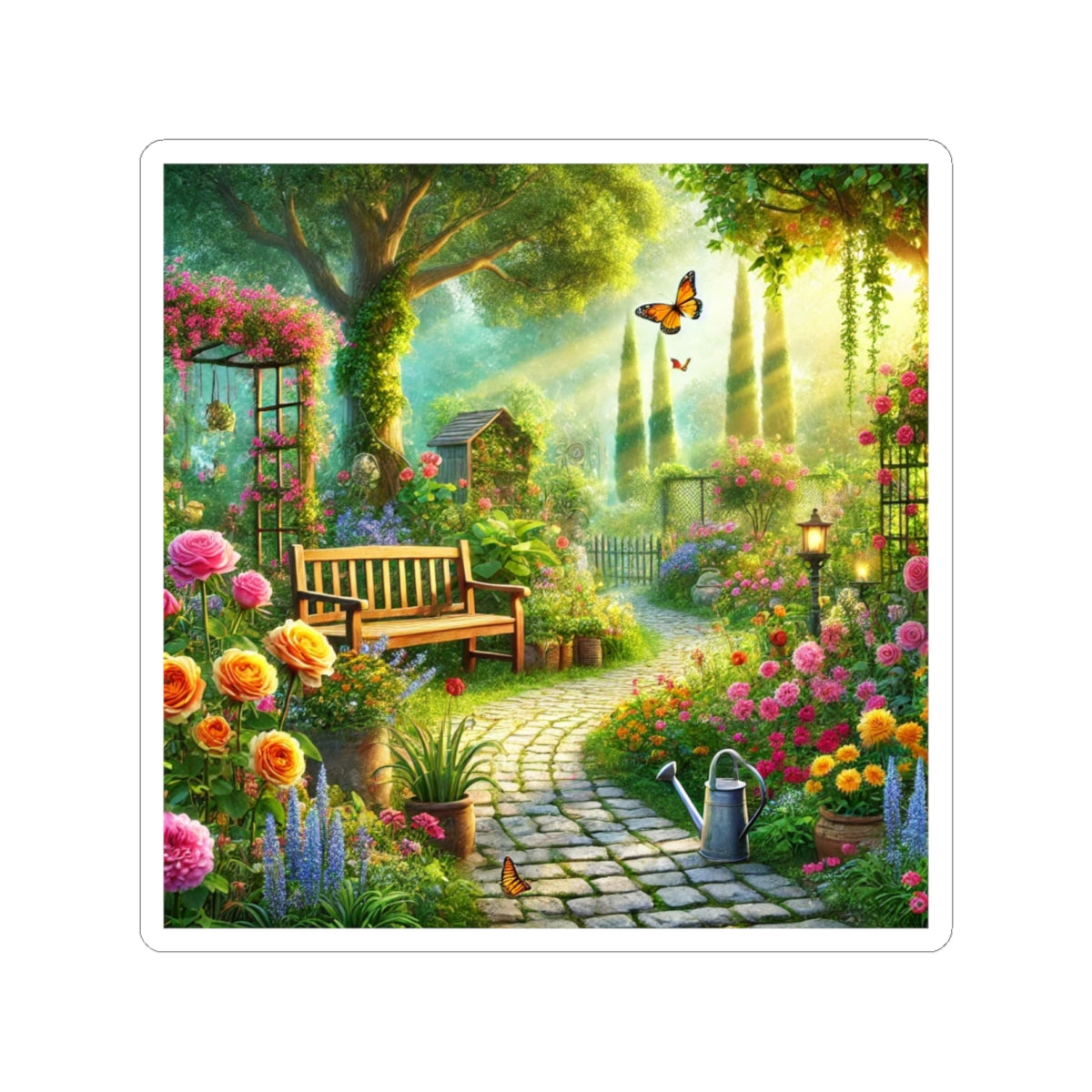 Sunlit Spring Flower Garden Bench Sticker