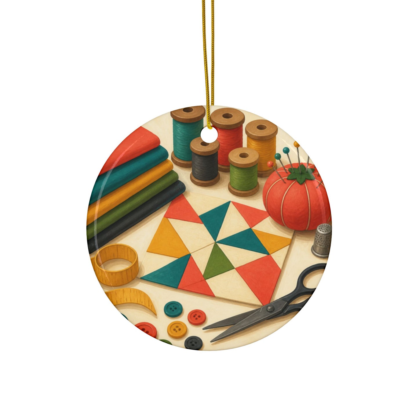 Colorful Sewing and Quilting Hobby Art Ceramic Ornament, Holiday Keepsake and Gi