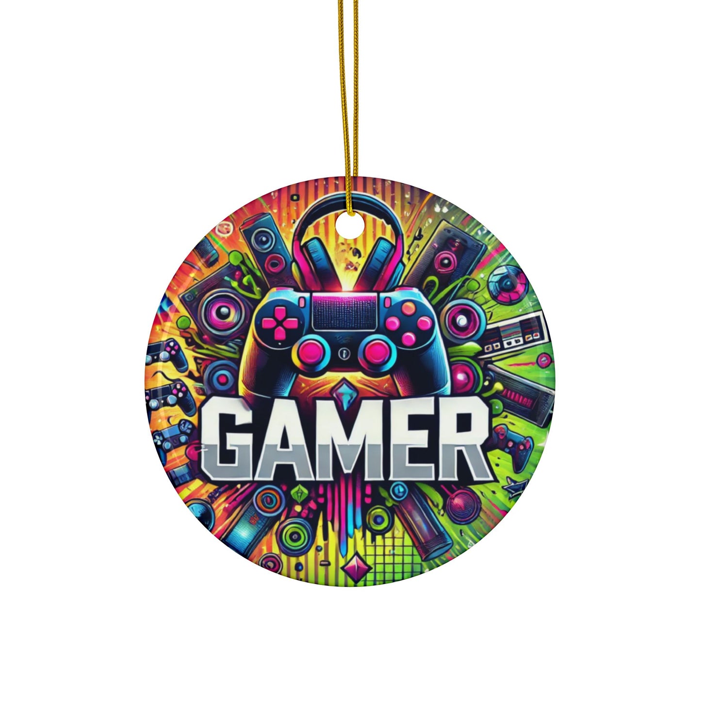 Neon Gamer Energy Ceramic Ornament, Holiday Keepsake and Gift