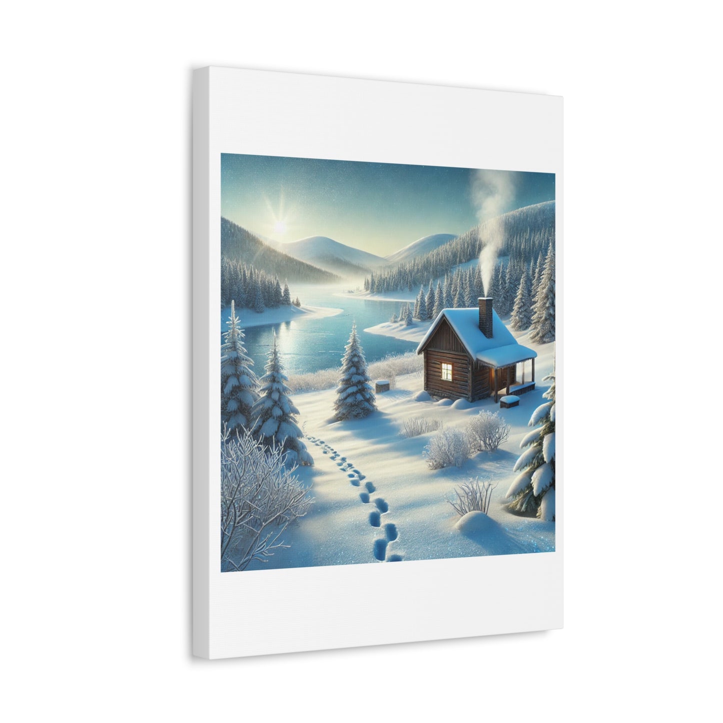 Snowy Cabin Winter Lake Landscape Art Canvas