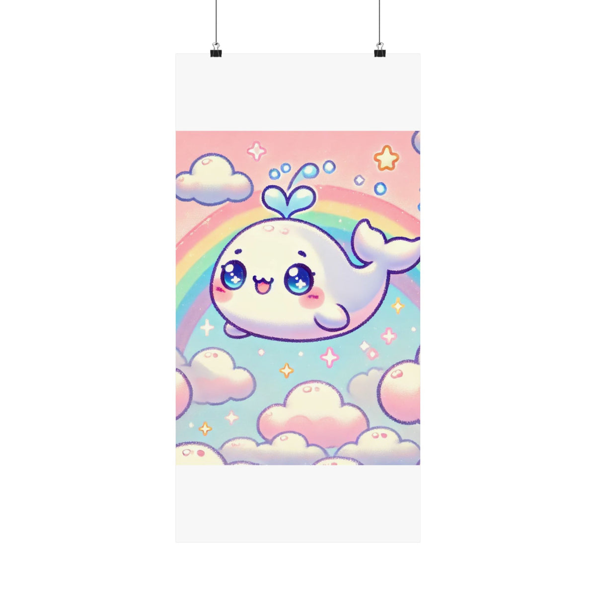 Kawaii Rainbow Whale Pastel Cloud Wall Art Poster