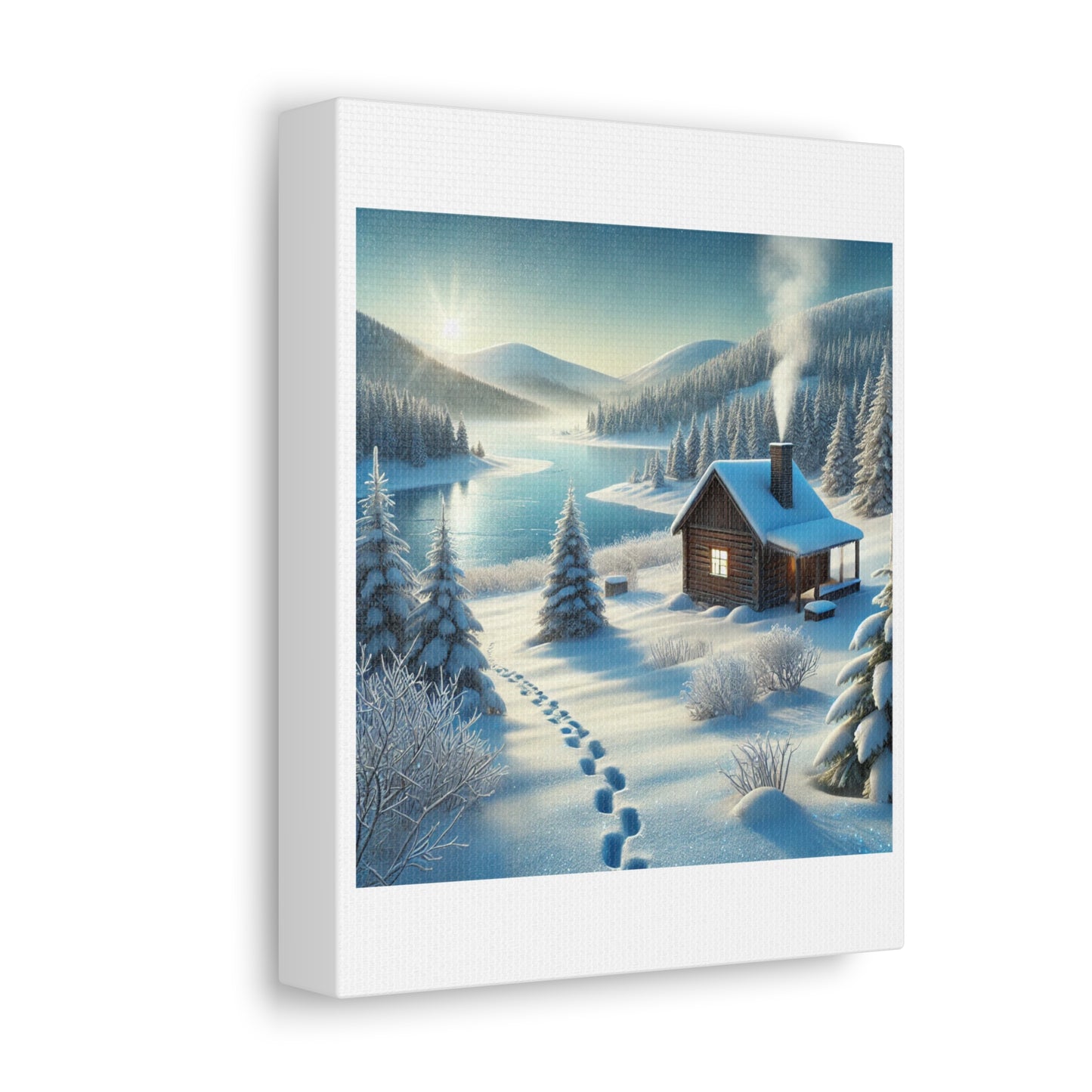 Snowy Cabin Winter Lake Landscape Art Canvas