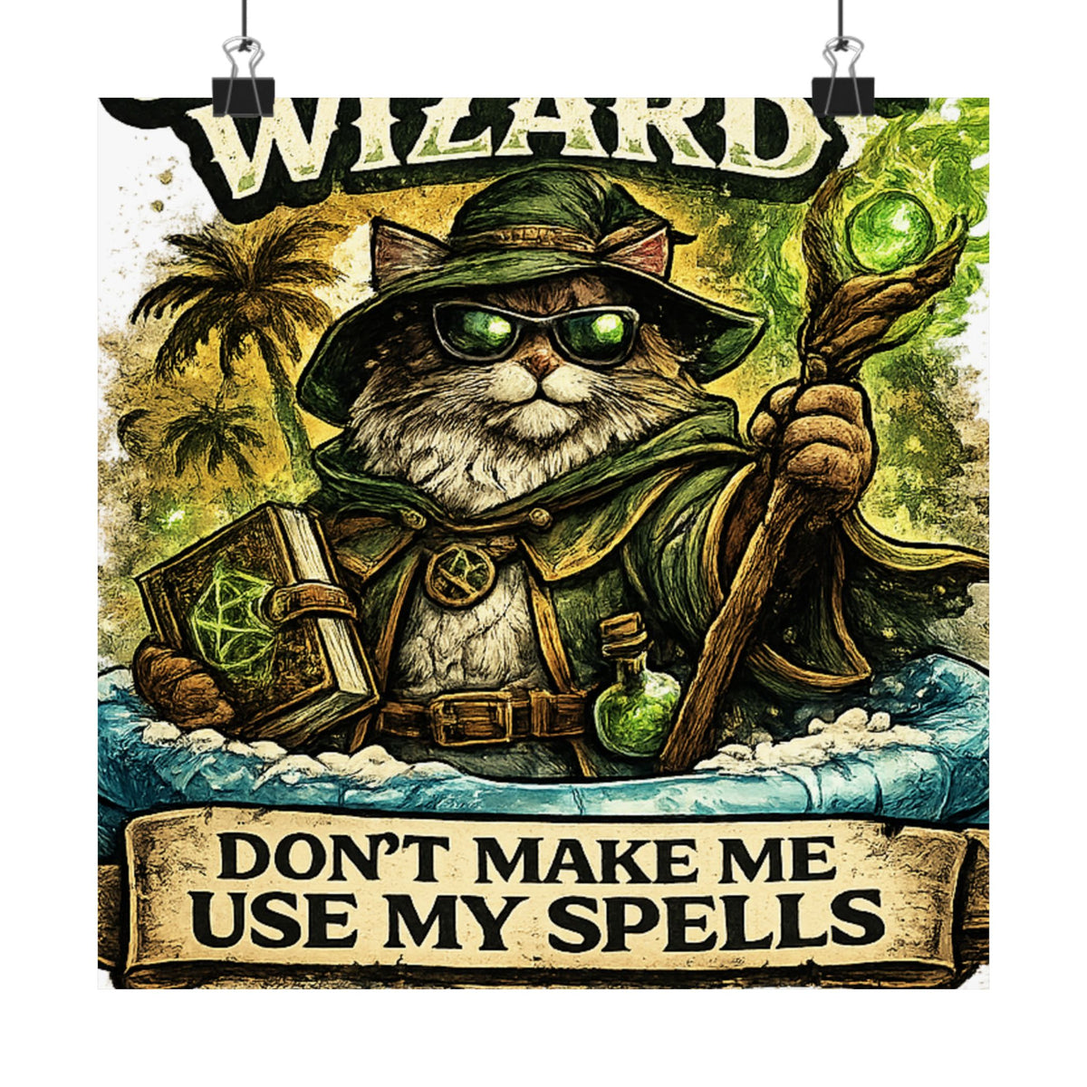Crazy Cat Wizard Funny Fantasy Magic Art Poster