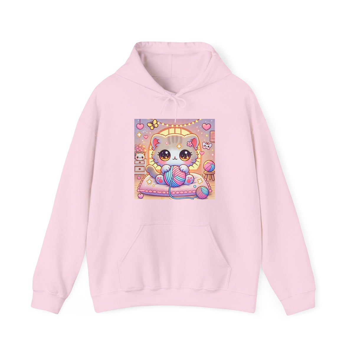 Cozy Kawaii Knitting Cat Pastel Yarn Hoodie