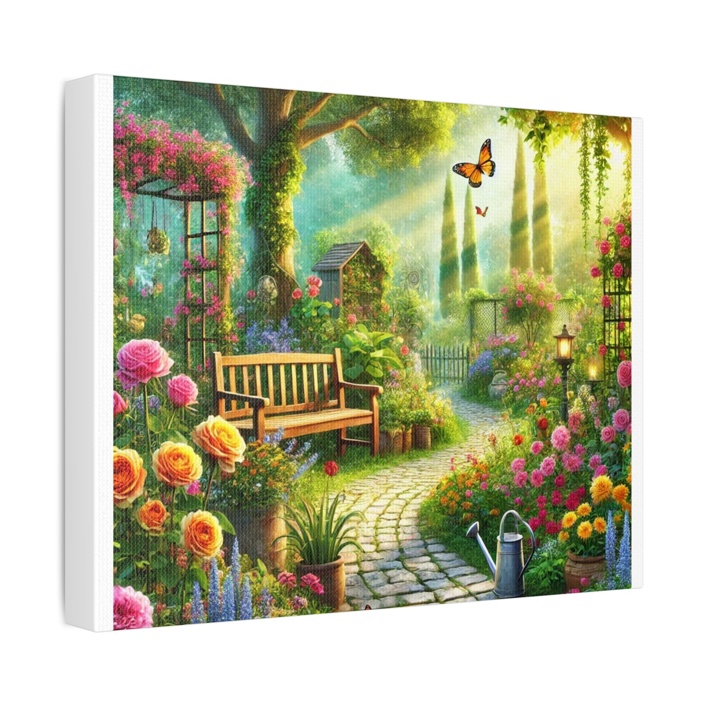 Sunlit Spring Flower Garden Bench Canvas