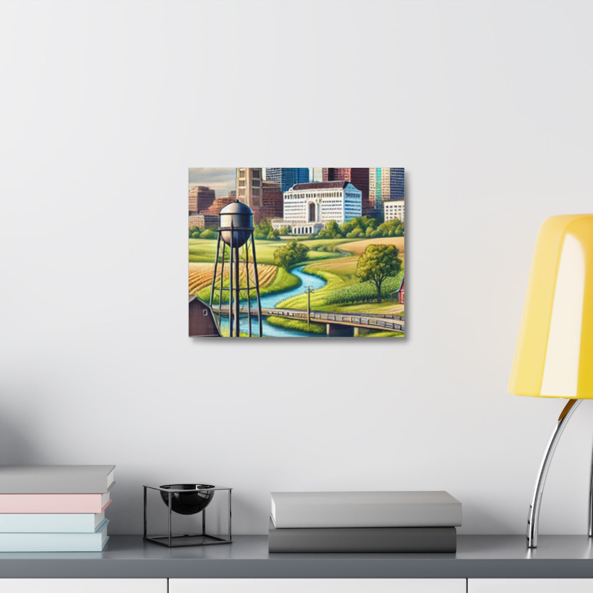 Rural River City Skyline Hometown Landscape Canvas Wall Art
