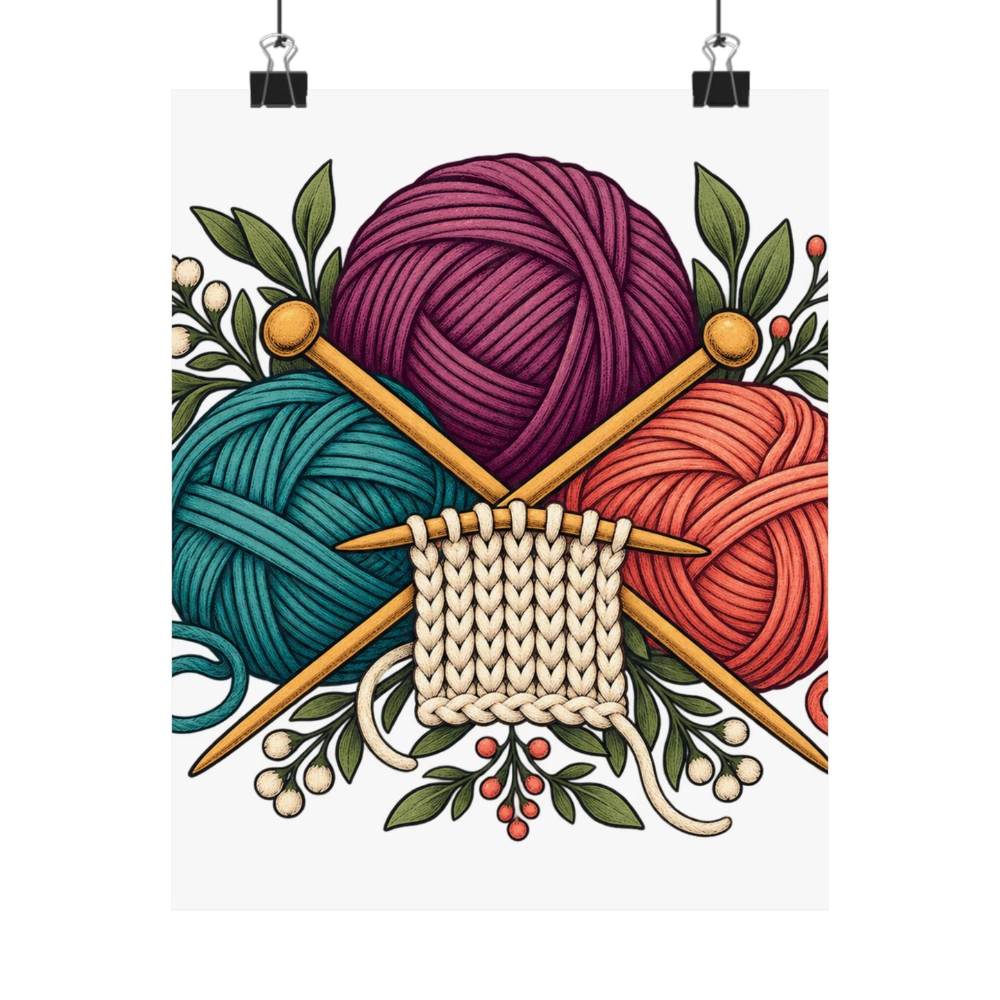 Retro Yarn and Knitting Botanical Art Poster
