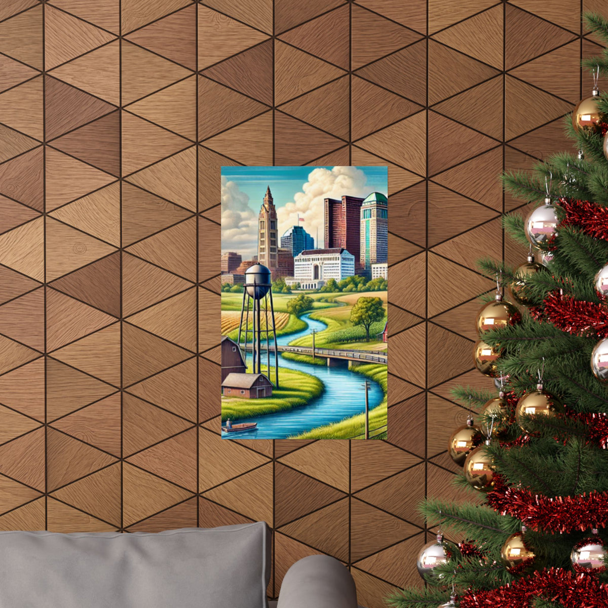 Rural River City Skyline Hometown Landscape Poster Art
