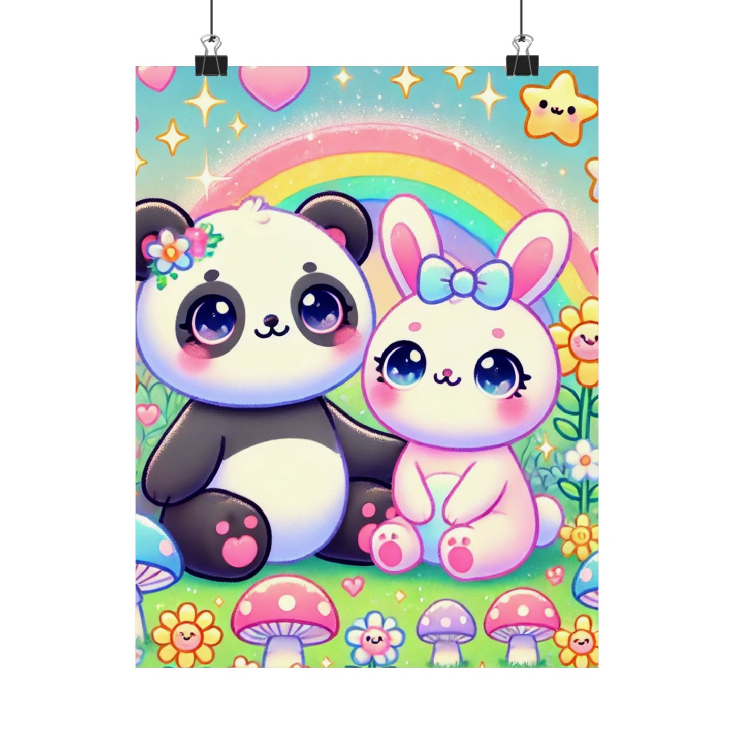 Pastel Panda and Bunny Rainbow Garden Wall Art Poster