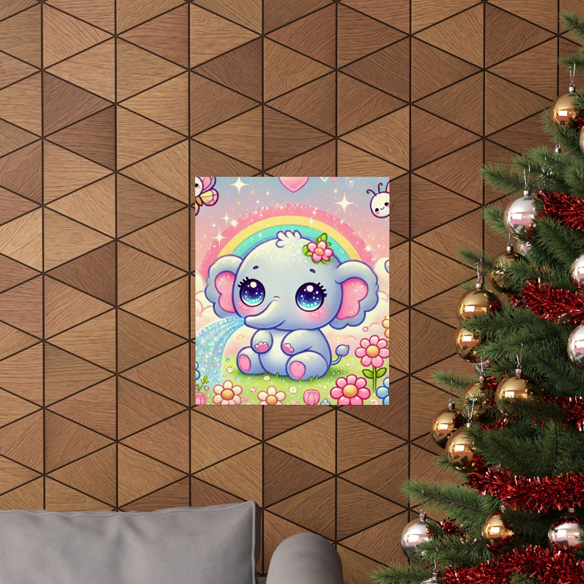 Pastel Rainbow Baby Elephant Floral Wall Art Poster