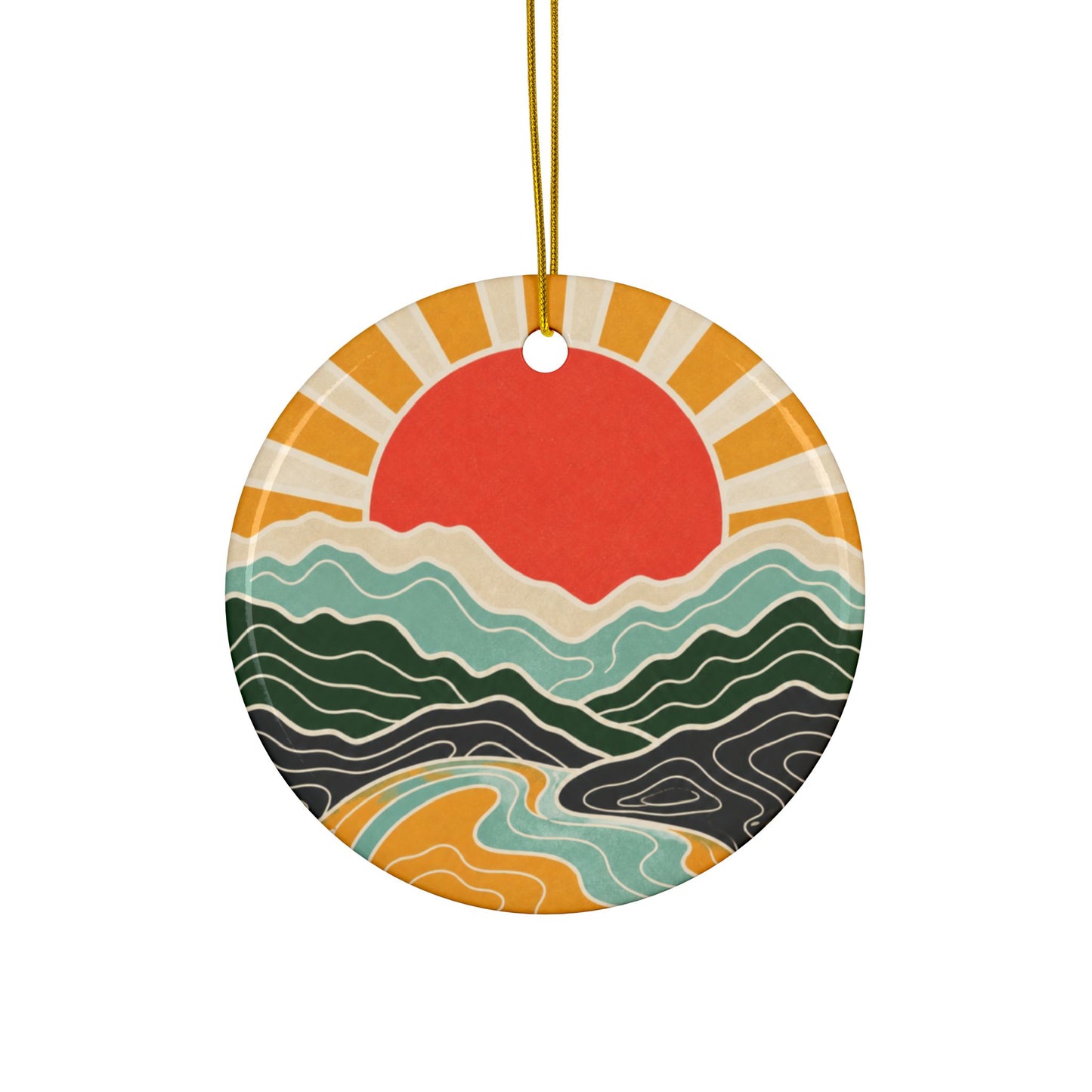 Topographic Sunrise Mid Century Mountain Adventure Art Ceramic Ornament, Holiday