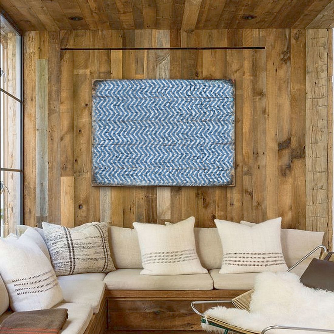Blue Chevron Stripes Rustic Wooden Wall Art by G. DeBrekht - Floral Ornamental Decor - 95009B