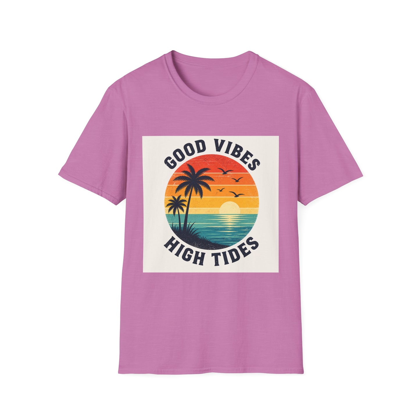 Good Vibes High Tides T-Shirt | Retro Sunset Palm Beach Design