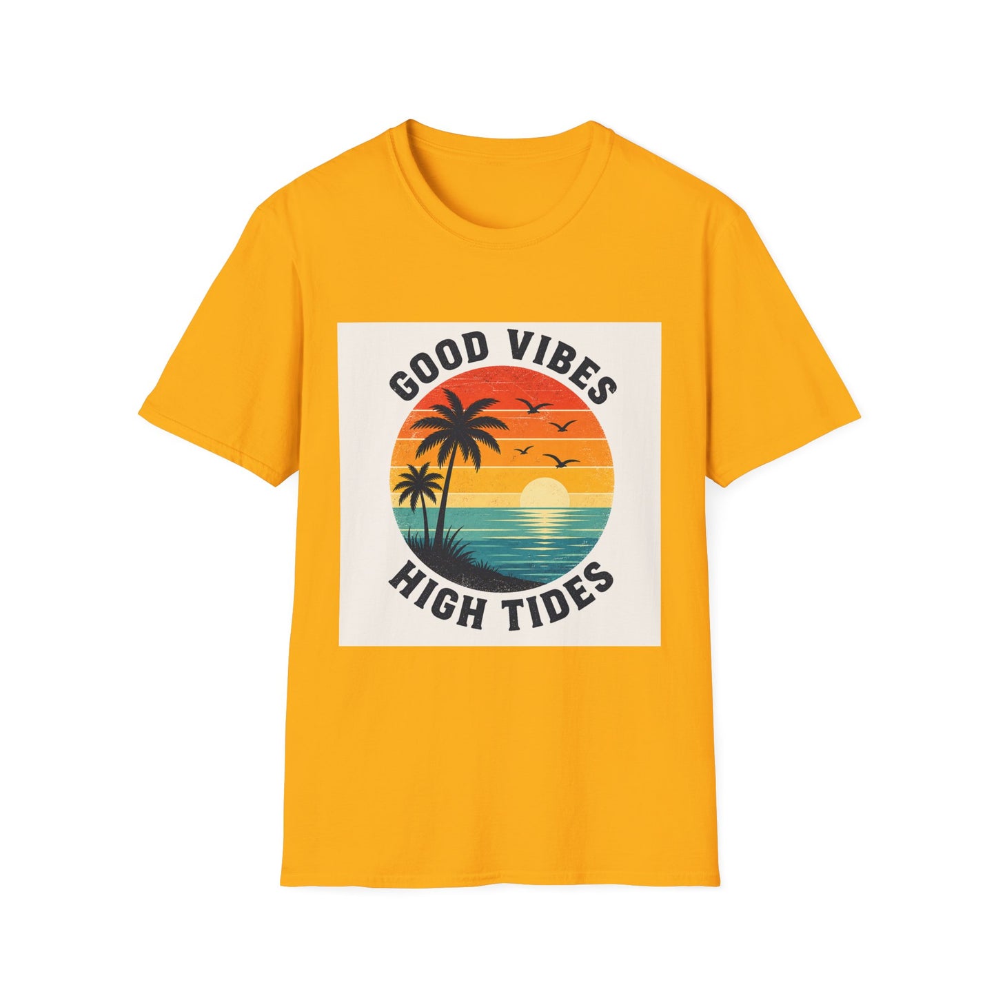 Good Vibes High Tides T-Shirt | Retro Sunset Palm Beach Design