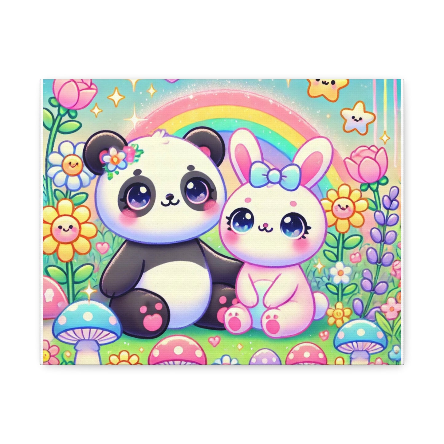 Pastel Panda and Bunny Rainbow Garden Canvas Wall Art