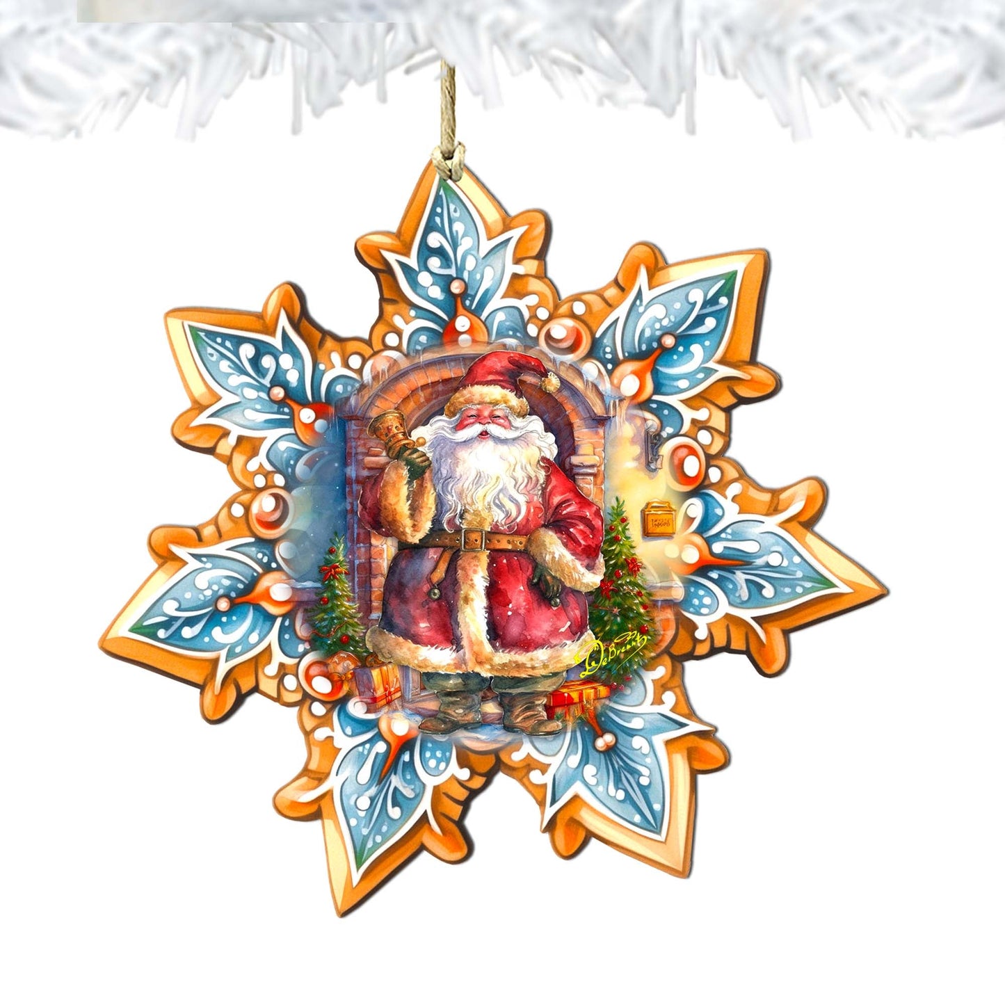 Santa with Bell Snowflake Wooden Ornaments by G. Debrekht - Christmas Santa Snowman Decor - 8688419