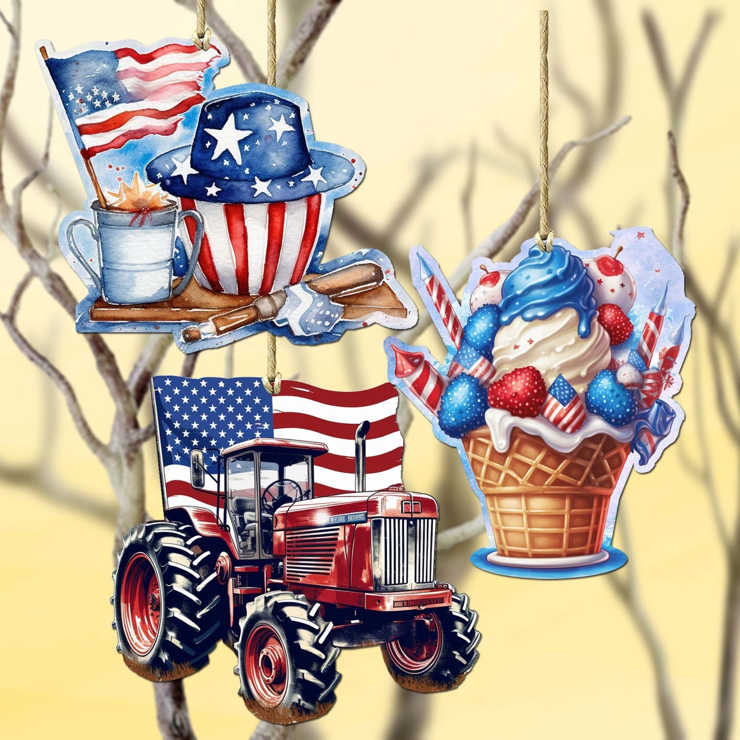 American Farmhouse Decorative Eco Wood Ornaments Set of 3 by G. Debrekht - Patriotic Decor - 8091001-S3