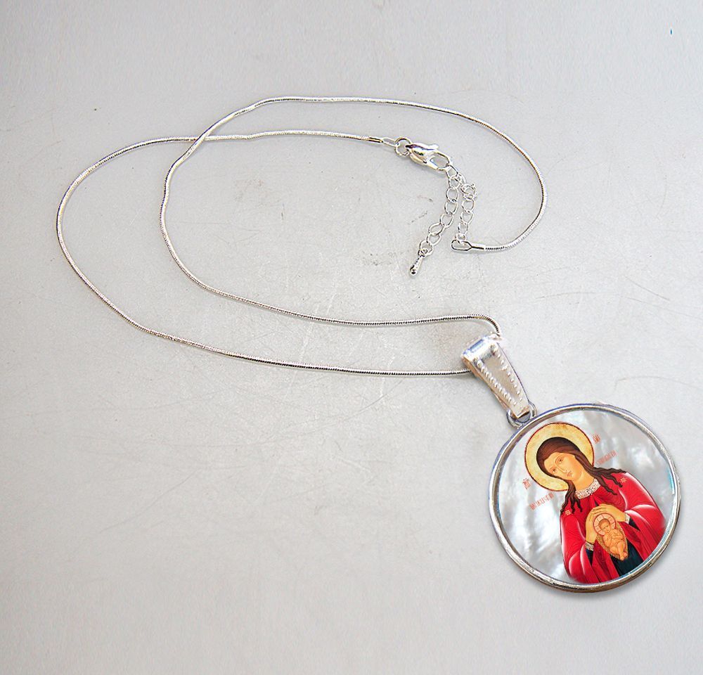Blessed Virgin Mary Patron Silver Plated Mother of Pearl Jewelry Necklace - 43017