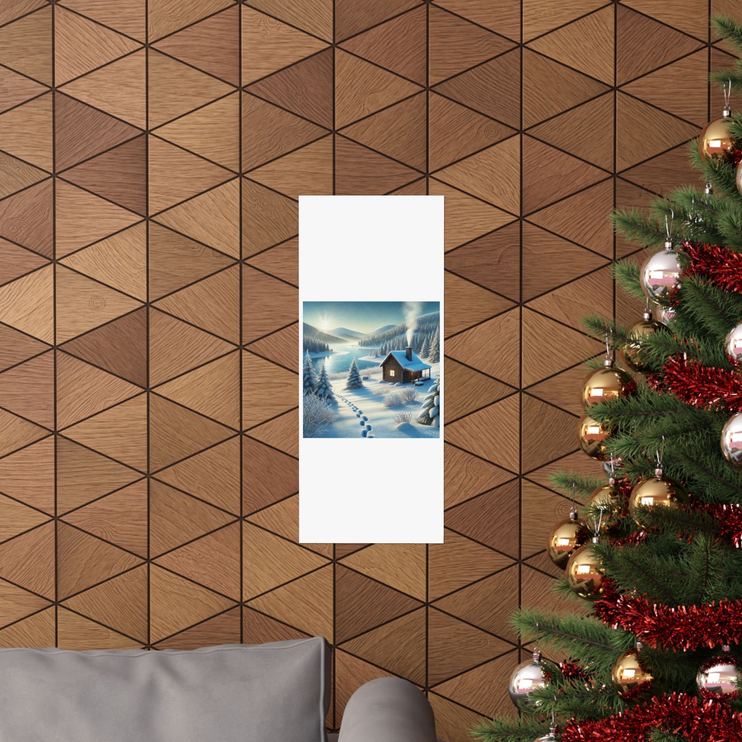 Snowy Cabin Winter Lake Landscape Art Poster