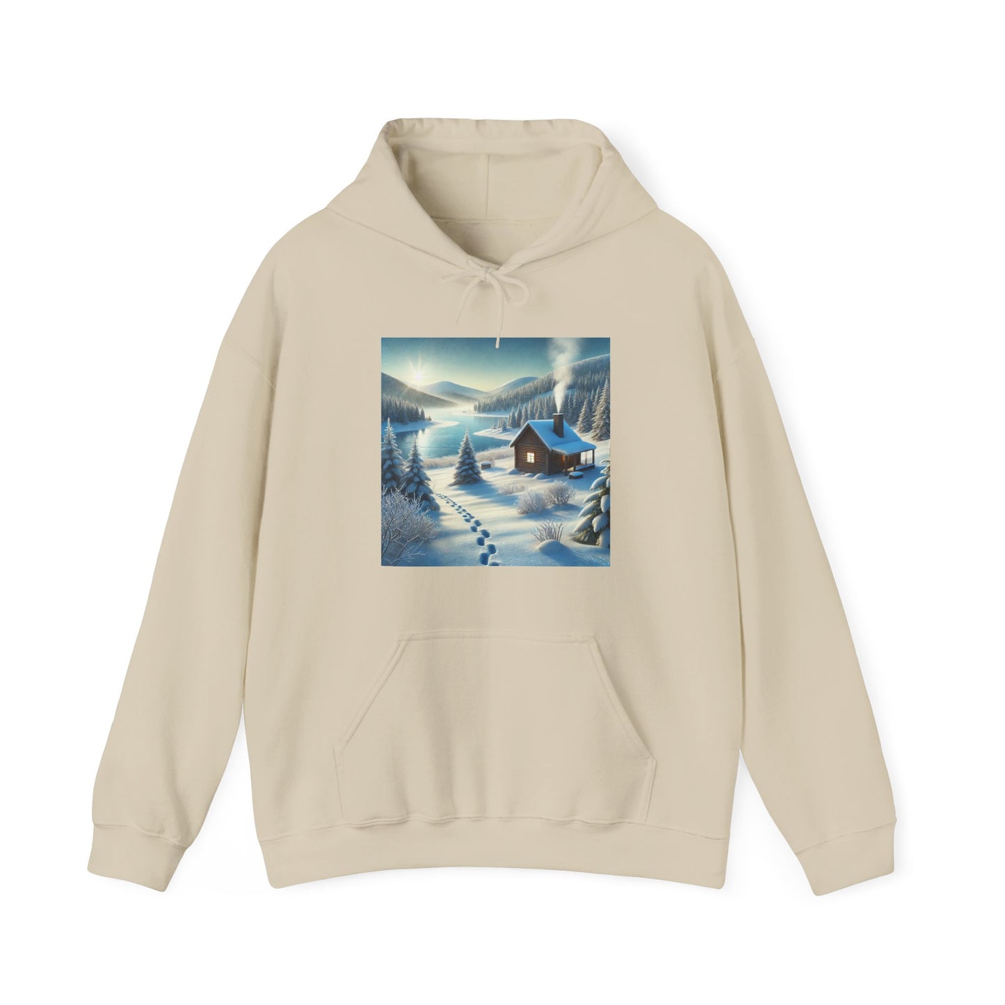 Snowy Cabin Winter Lake Landscape Art Hoodie