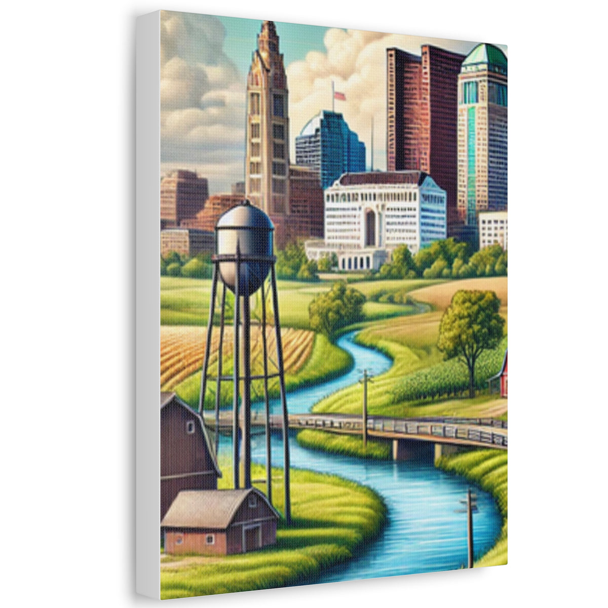 Rural River City Skyline Hometown Landscape Canvas Wall Art