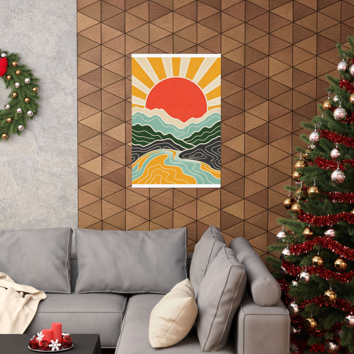 Topographic Sunrise Mid Century Mountain Art Poster