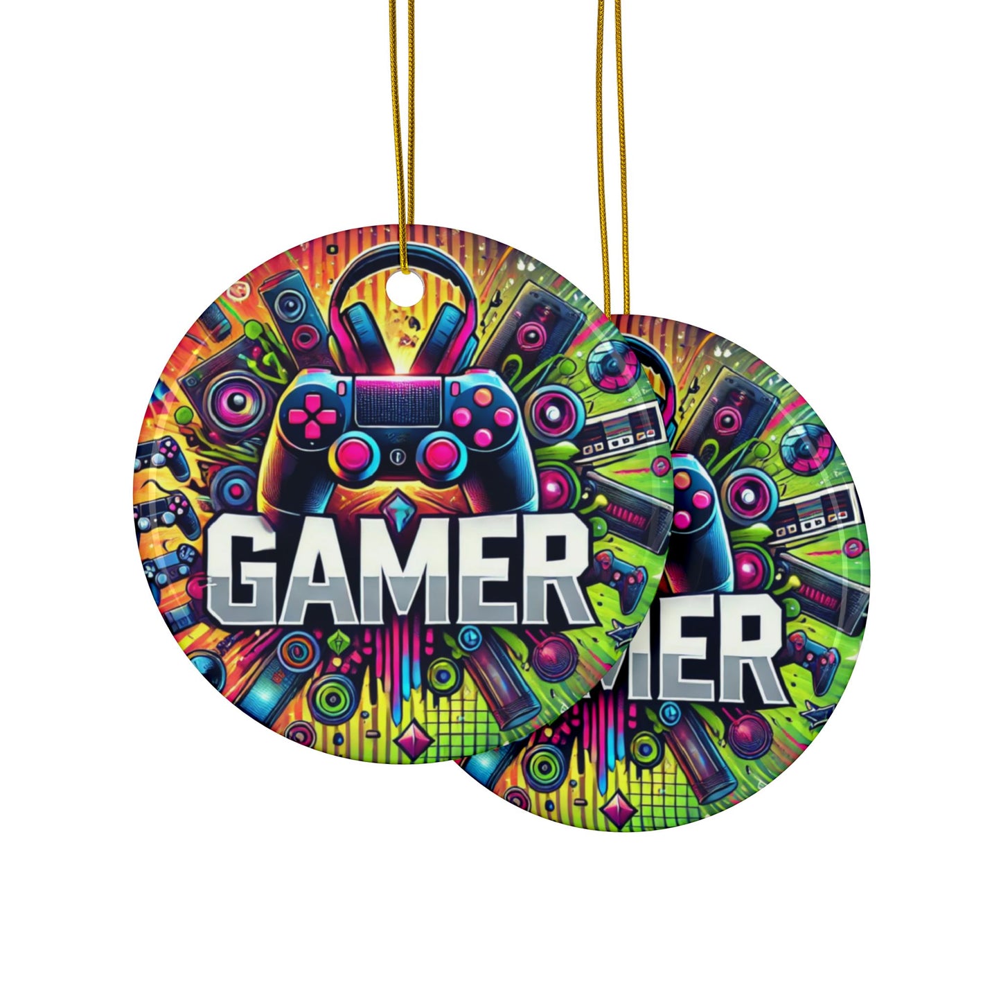 Neon Gamer Energy Ceramic Ornament, Holiday Keepsake and Gift