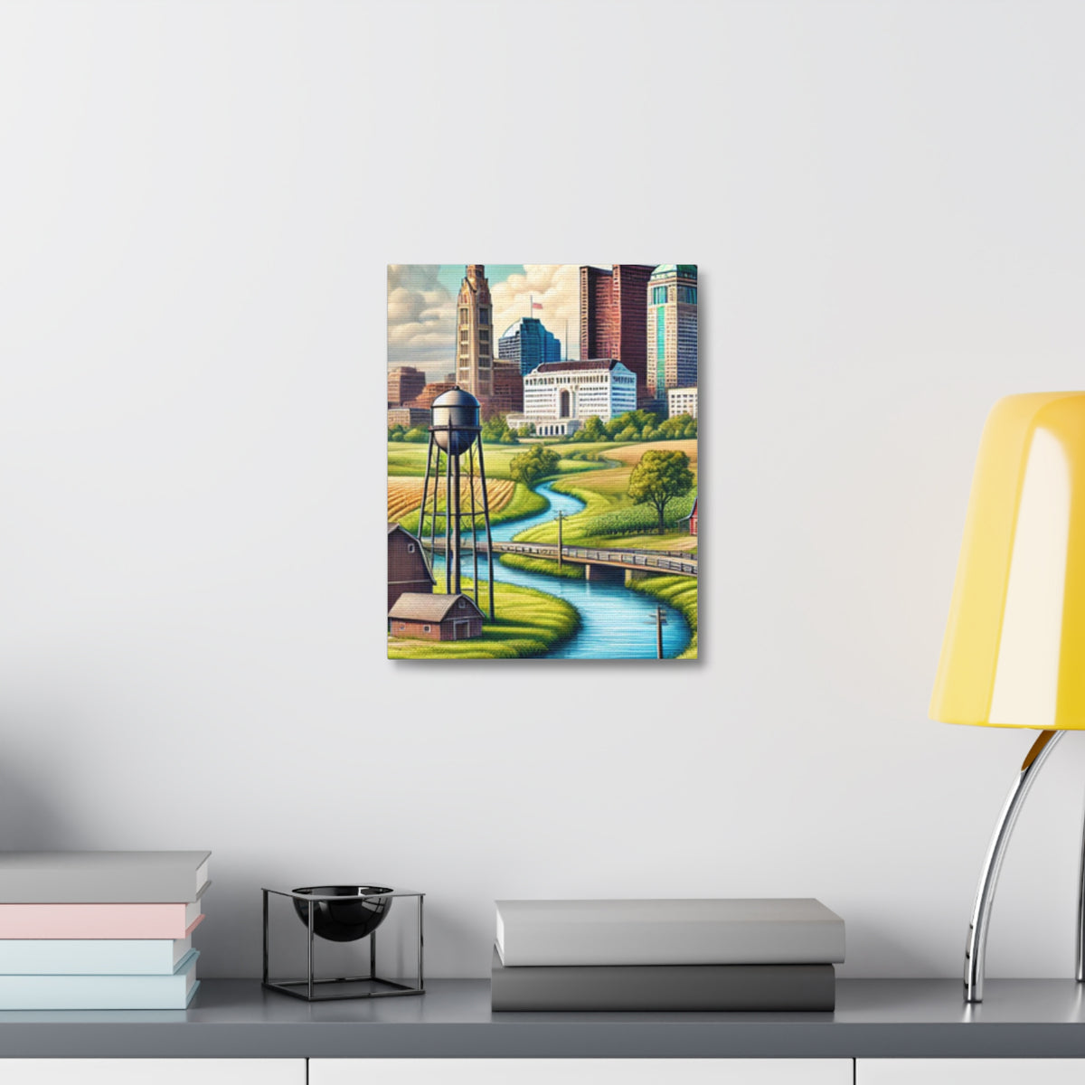 Rural River City Skyline Hometown Landscape Canvas Wall Art