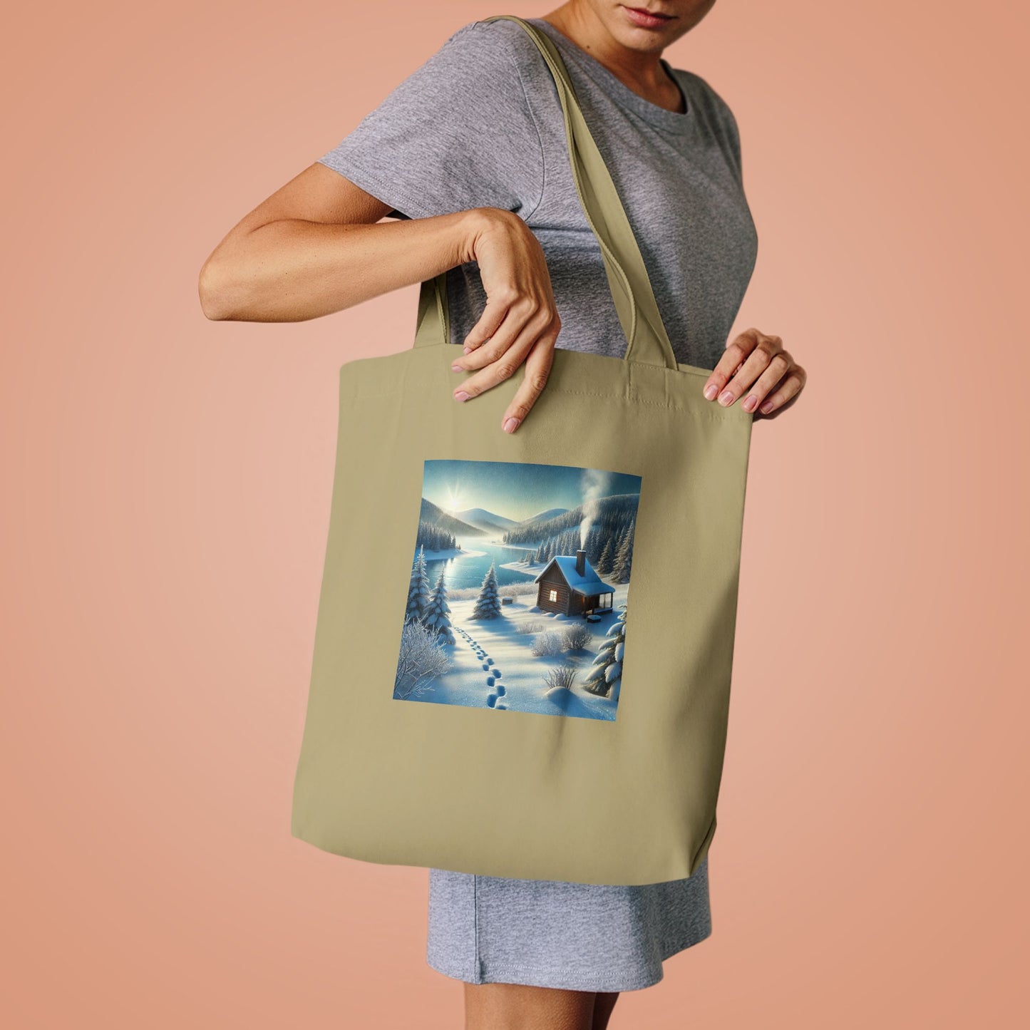 Snowy Cabin Winter Lake Landscape Art Tote Bag