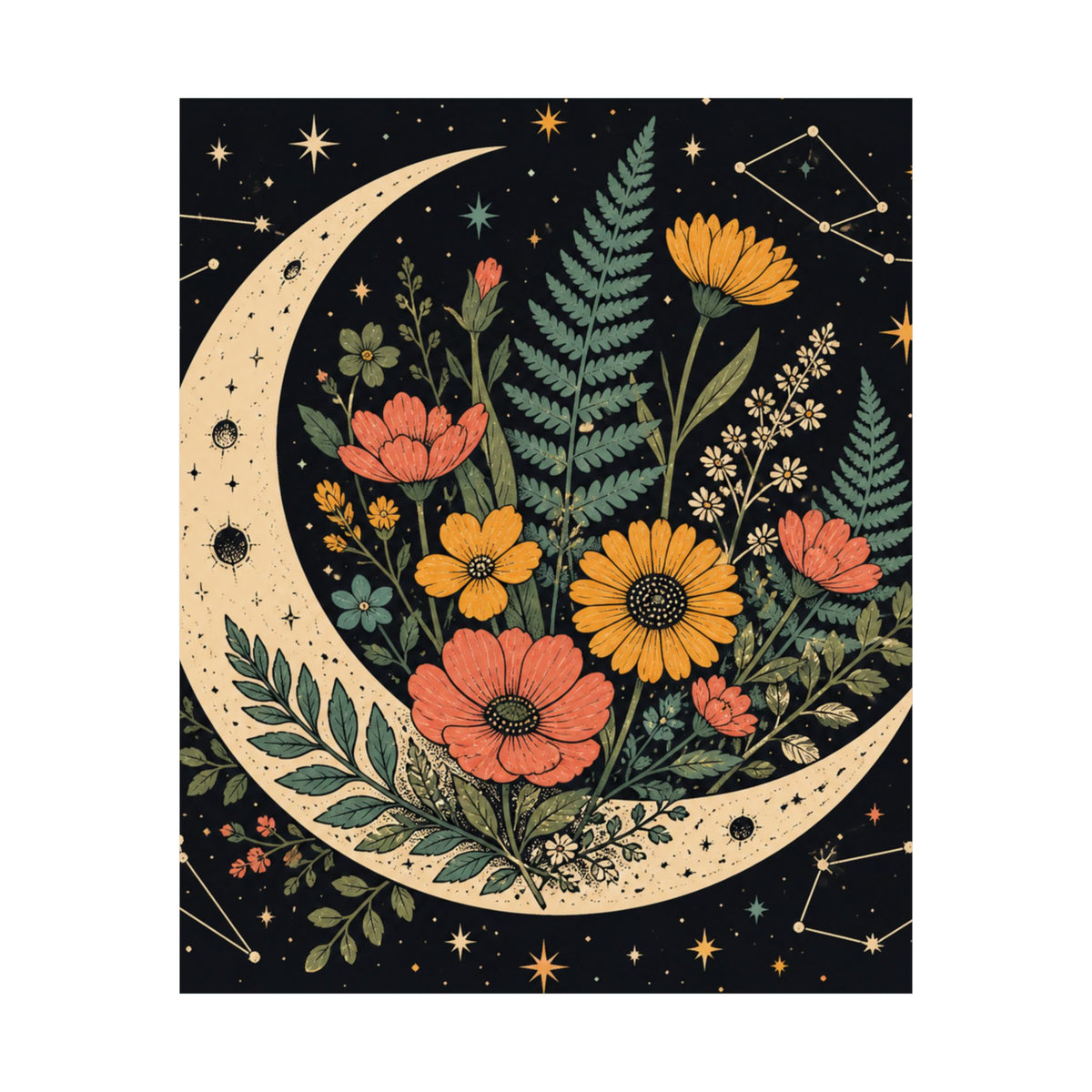 Celestial Wildflower Crescent Moon Botanical Art Poster