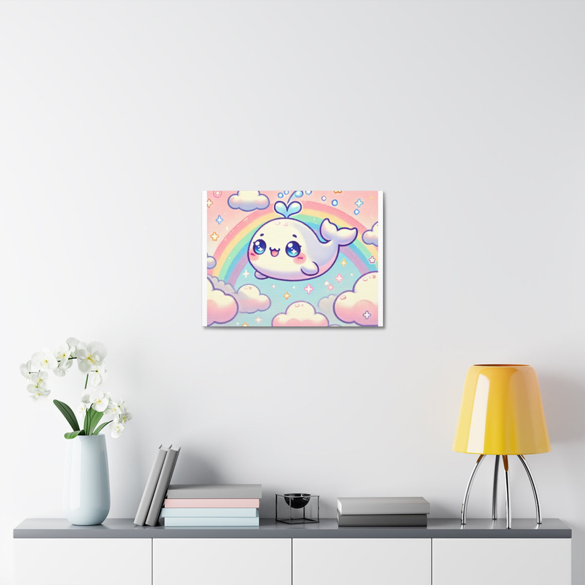 Kawaii Rainbow Whale Pastel Cloud Canvas Wall Art