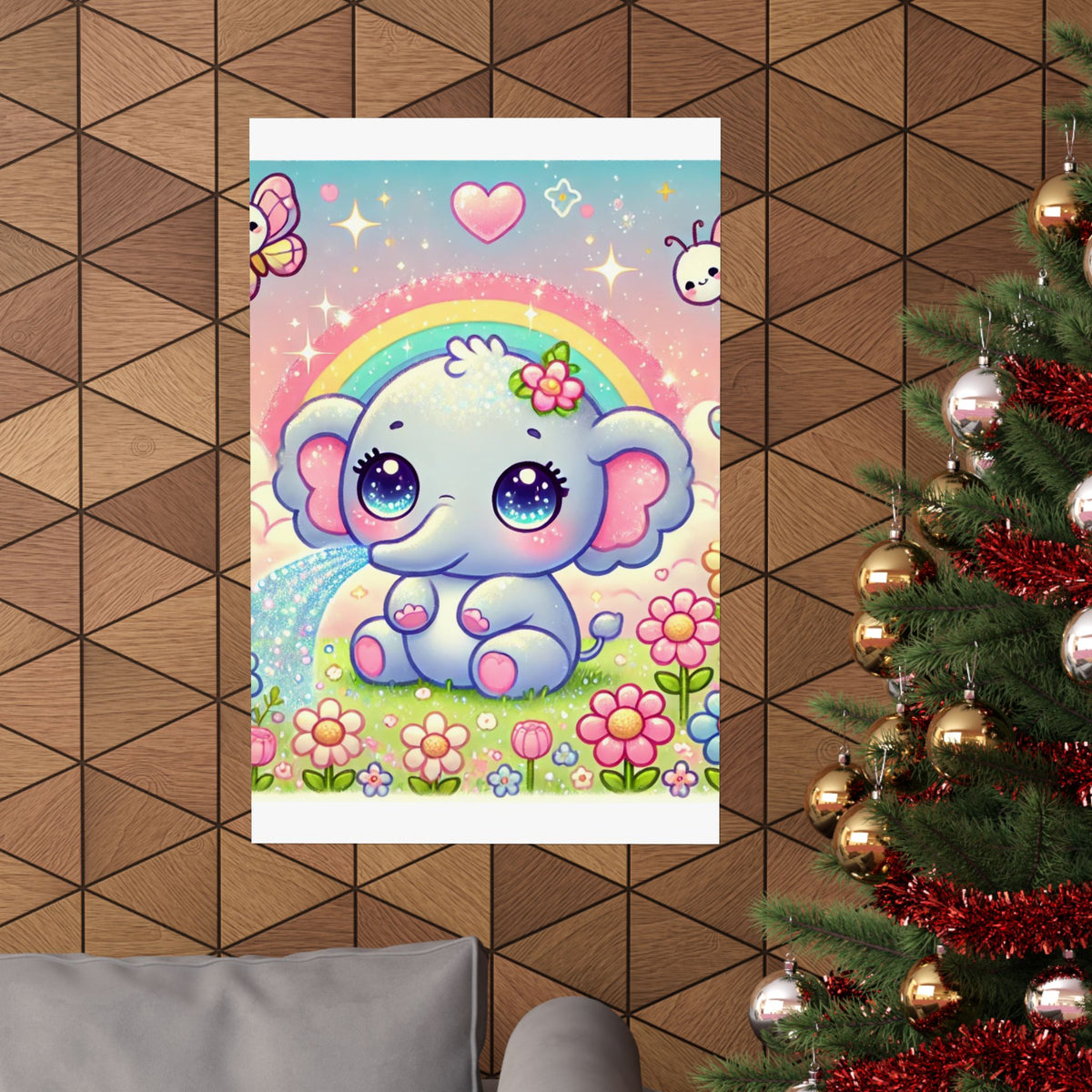 Pastel Rainbow Baby Elephant Floral Wall Art Poster