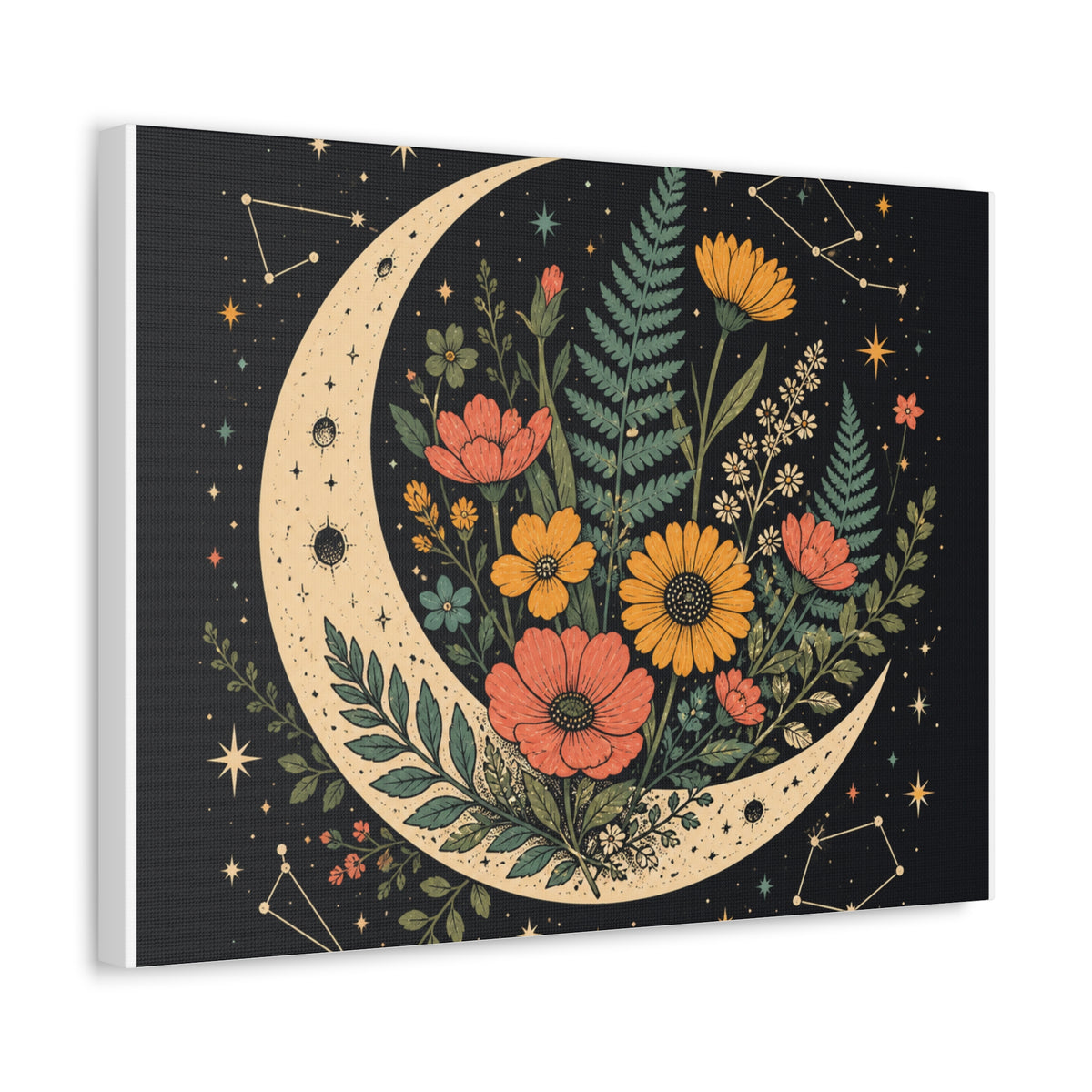Celestial Wildflower Crescent Moon Botanical Canvas Art