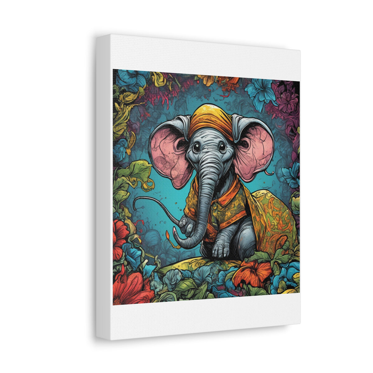 Colorful Storybook Elephant Floral Garden Canvas Wall Art