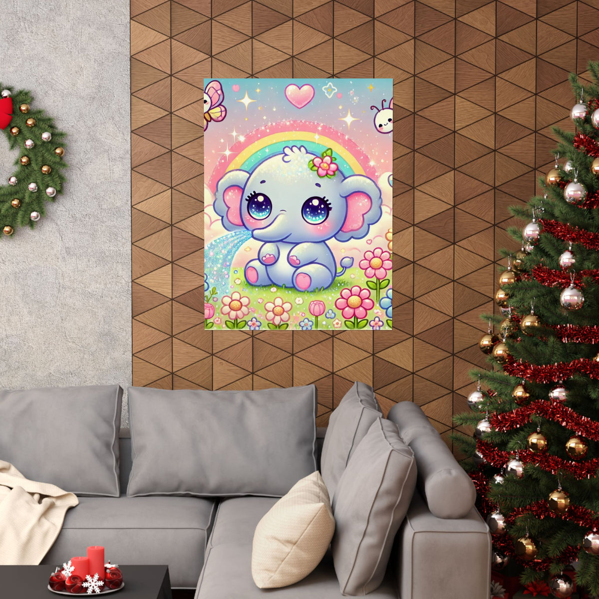 Pastel Rainbow Baby Elephant Floral Wall Art Poster