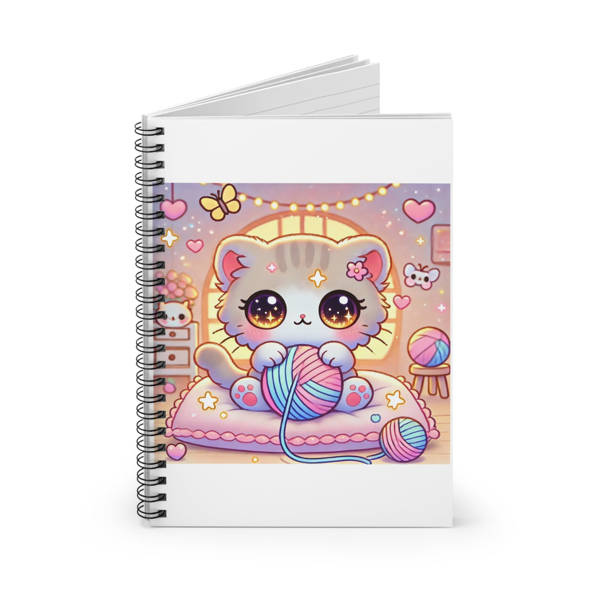 Cozy Kawaii Knitting Cat Pastel Yarn Spiral Notebook