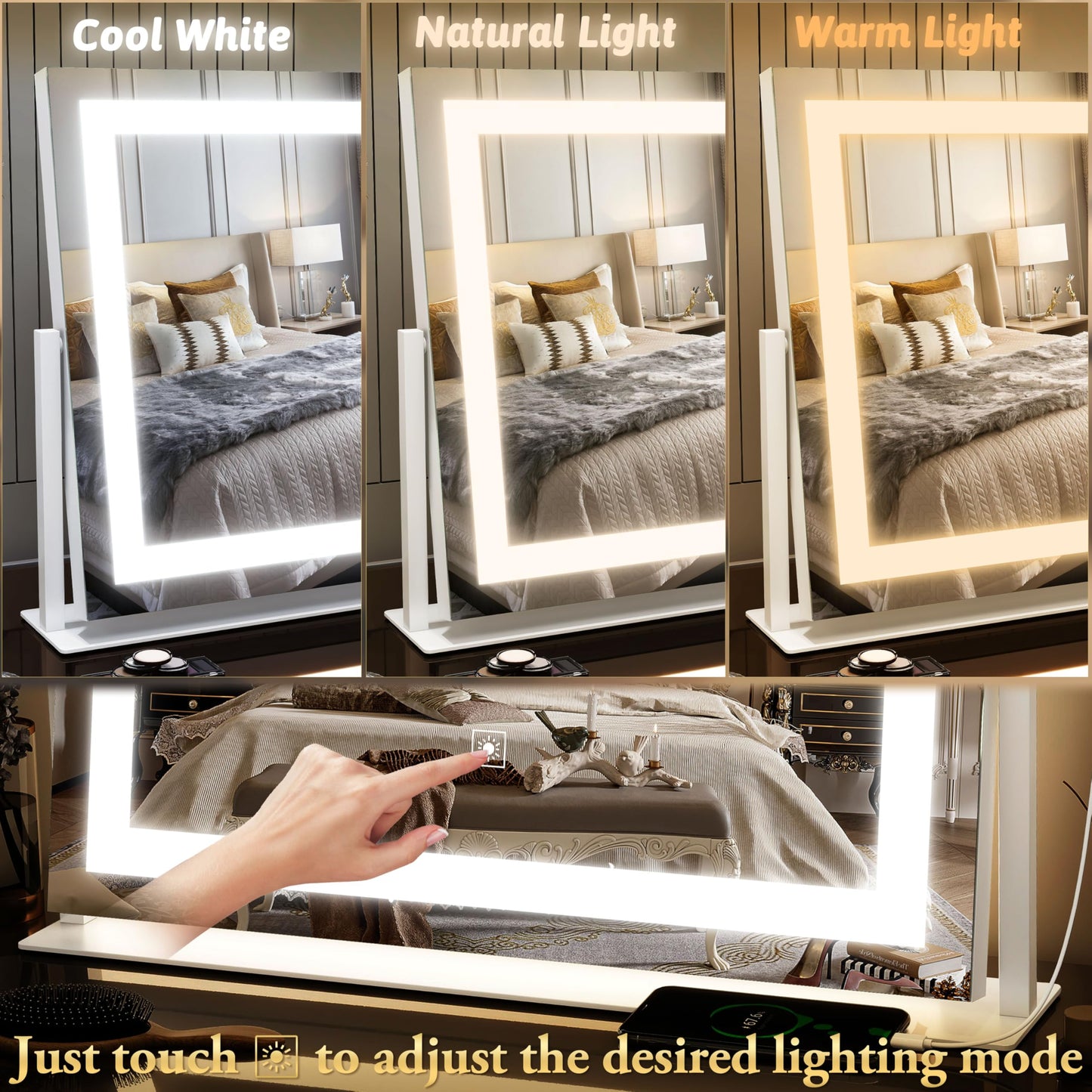 FENNIO Vanity Mirror with Lights 22''x18'' Makeup Mirror with Lights,Lighted Makeup Mirror with 10X Magnification and USB，Smart Touch Screen with 3-Color Lighting,Dimmable（Square White）
