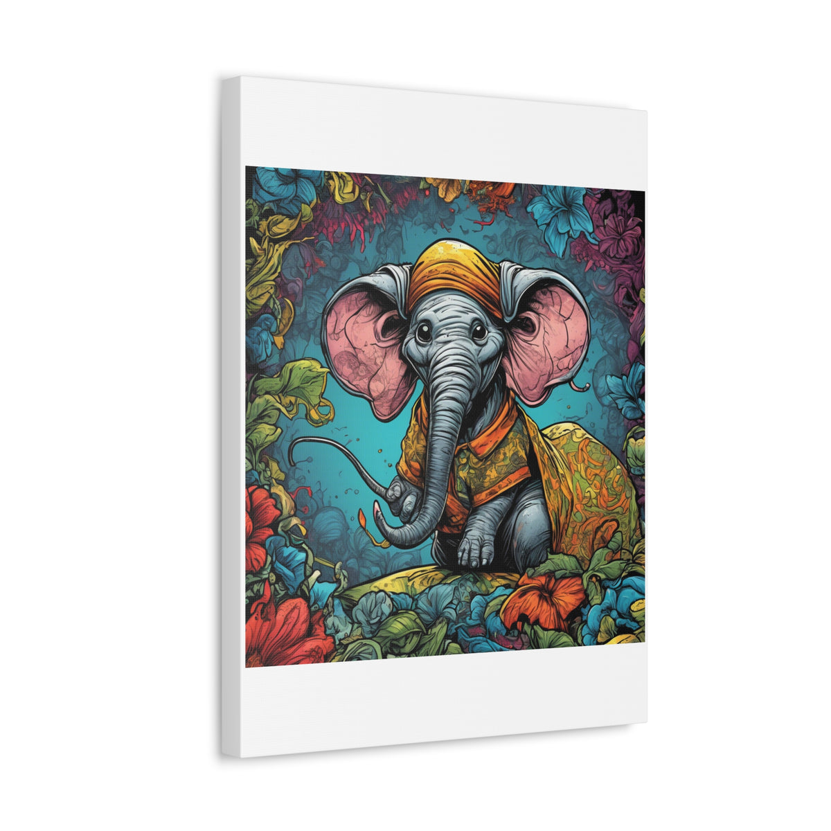 Colorful Storybook Elephant Floral Garden Canvas Wall Art