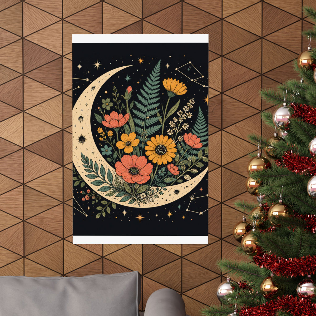Celestial Wildflower Crescent Moon Botanical Art Poster