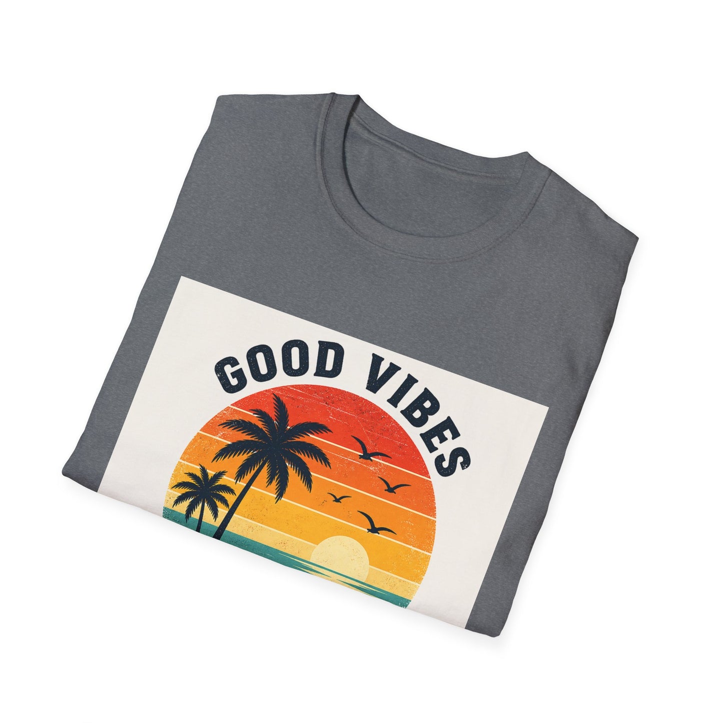 Good Vibes High Tides T-Shirt | Retro Sunset Palm Beach Design