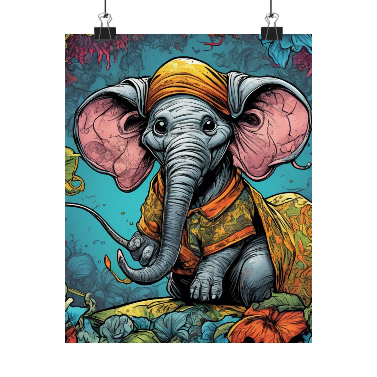 Colorful Storybook Elephant Floral Garden Wall Art Poster