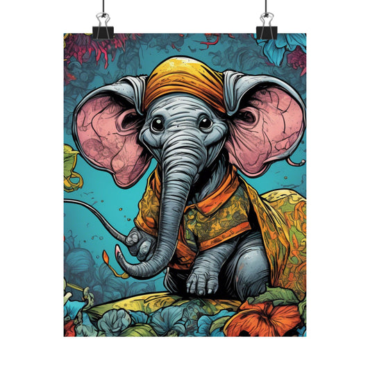 Colorful Storybook Elephant Floral Garden Wall Art Poster